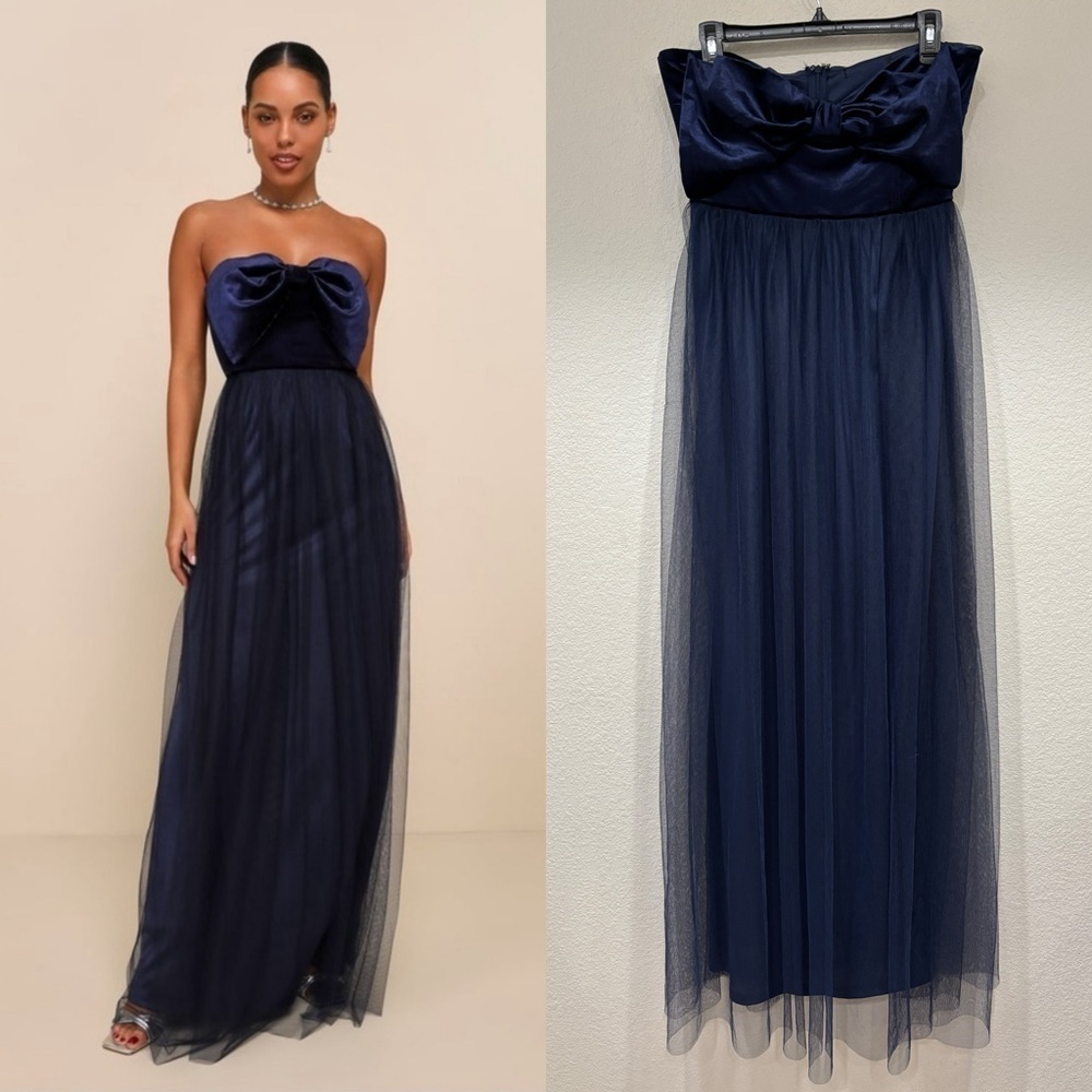 Nwot Lulus Perfectly Dramatic Navy Velvet Tulle Strapless Bow Maxi Dress